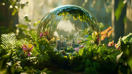 Captivating urban oasis captured within a transparent bubble, merging nature and city life in vibrant harmony under soft sunlight