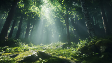 Enchanted forest glimmers with sunlight as nature awakens in a serene morning atmosphere
