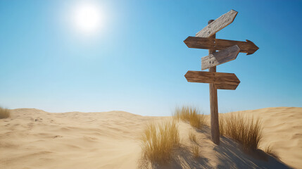Directional signs reaching for the blue sky above a serene sandy landscape illuminated by bright sunlight