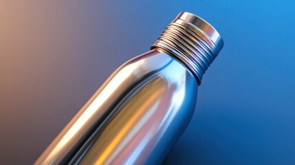 A chrome metal reusable water bottle with a blue and orange gradient backdrop.