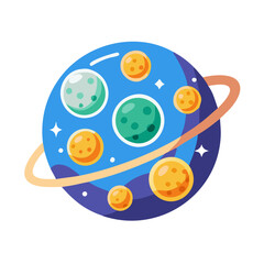 Cartoon planet with moons and ring system in space © Xihan