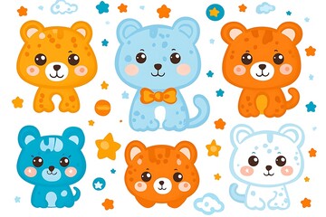 Fototapeta premium Cute cartoon leopard cubs in vibrant colors.