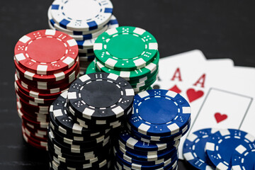 Casino chips and cards on the table. Gambling concept