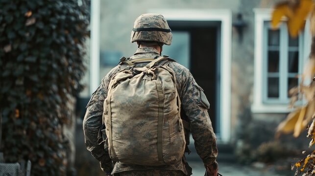 A military service member in camouflage uniform, carrying two large bags, stands facing a suburban home with a welcoming front porch.