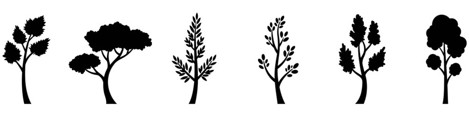 Set of black plant silhouettes, isolated on a white background.
