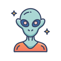 Alien cartoon icon with stars on black background