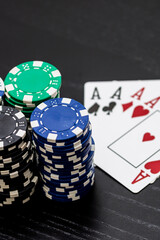 Casino chips and cards on the table. Gambling concept