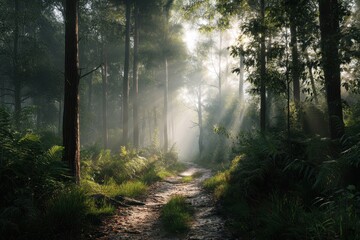 Naklejka premium Sunlight filters through the tall trees in a dense forest, illuminating a winding path in a beautiful display of light and shadow.