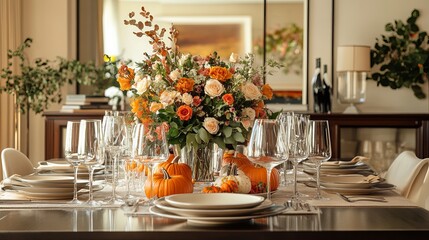 Elegant Autumn Thanksgiving Table Setting with Orange Roses Pumpkins and Crystal Wine Glasses Festive Fall Dinner Party Decor Beautiful Home Interior Design Warm Cozy Atmosphere Rich Colors Food Chic 