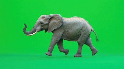 Fototapeta premium A large, gray elephant walks across a green screen in a studio shot.