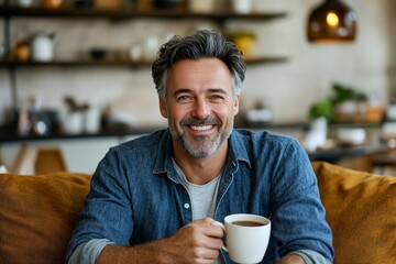 Happy middle aged man holding coffee cup relaxing on couch at home. Smiling mature older man drinking tea looking at camera sitting on cozy sofa chilling in modern kitchen living room