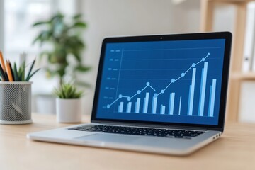 Laptop displaying a rising graph on a wooden desk with office supplies.