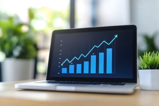 Laptop displays an upward trending bar graph on a wooden surface near plants.