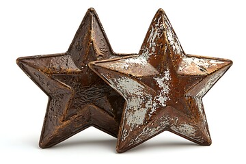 Two rustic, distressed metal stars on a white background.