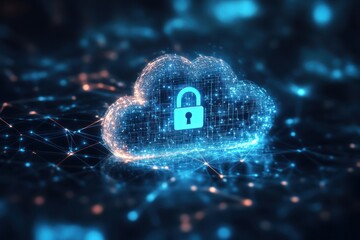 Digital cloud with padlock icon on dark background representing data security.