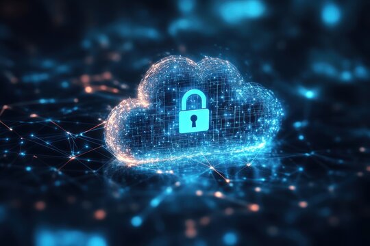 Digital cloud with padlock icon on dark background representing data security. - Powered by Adobe
