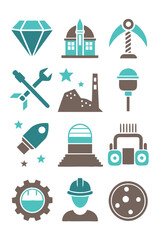 Industry and Progress Icons Set with Teal and Brown