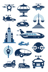 Futuristic transportation icons with drone, cars, plane, and building