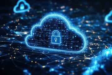 Blue cloud with padlock symbol over connected lines and blurred city lights.