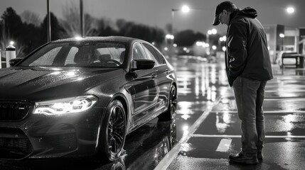Man checking car in rain at night in a parking lot, moody black and white shot