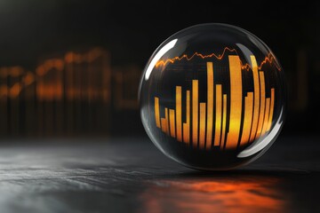 Glowing bar graph reflected in a glass sphere on a dark surface.