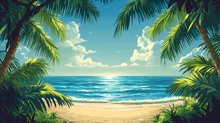 Obraz premium A breathtaking ocean view framed by tall palm trees, with sunlight sparkling on the water