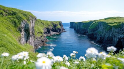 Stunning coastal scenery with vibrant greenery, azure water, and white flowers