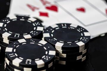 Casino chips and cards on the table. Gambling concept