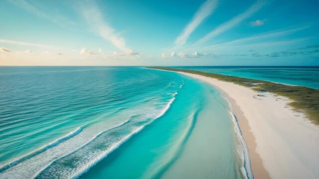 Aerial view of Grace Bay Beach in Providenciales with turquoise waves gently lapping the pristine white sands, devoid of people