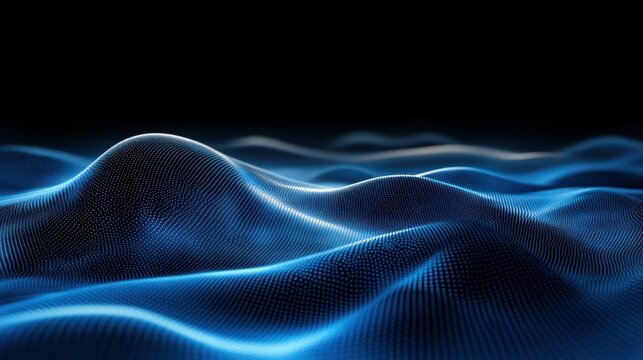 Abstract blue wavy surface on a dark background, digital rendering.