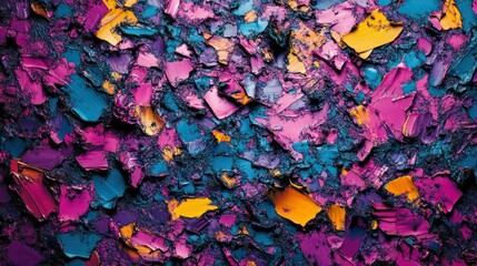 Abstract painting with thick brushstrokes in pink, blue, purple, and yellow.