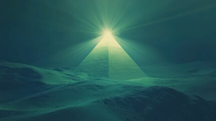 A surreal pyramid emitting bright light over a desert-like landscape.