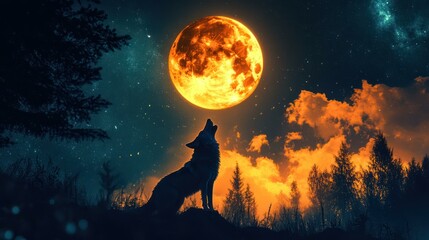 Fototapeta premium A lone wolf howls at a bright, orange full moon on a starry night.