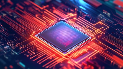Obraz premium Close-up illustration of a glowing computer chip on a circuit board.
