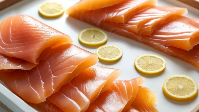 Traditional Norwegian smoked salmon sliced and served with lemon on a design tray with space for text