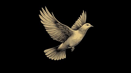 Obraz premium Elegant Golden Dove in Flight Detailed Engraving Style Bird Illustration Graphic Design Element Vintage Style Peace Symbol Hope Freedom Nature 