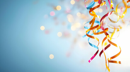 Obraz premium Colorful Ribbons And Confetti On Light Blue Background