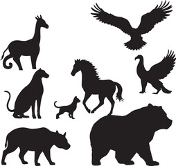 Wild Animal Silhouettes and Illustrations Collection: Lion, Tiger, Horse, Wolf, Eagle, Rhino, Panther