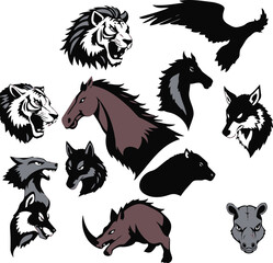 Wild Animal Silhouettes and Illustrations Collection: Lion, Tiger, Horse, Wolf, Eagle, Rhino, Panther