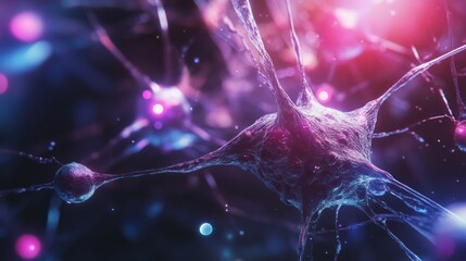 Close up of a glowing purple and blue neuron cell in a neural network.