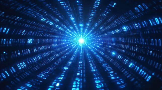A digital stream of blue binary code converges to a light point.