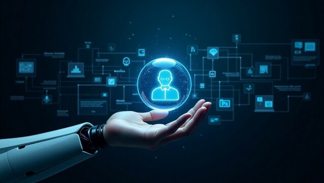 Hands of robots touch Customer service through chatbots, automated ticketing systems, self-service portals, live chat support,
 customer feedback analysis, AI-driven insights, personalized interaction