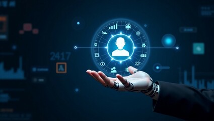 Hands of robots touch Customer service through chatbots, automated ticketing systems, self-service portals, live chat support,
 customer feedback analysis, AI-driven insights, personalized interaction