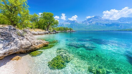 Stunning coastal scene turquoise water coral reef sandy beach lush vegetation sunny sky idyllic summer vacation paradise