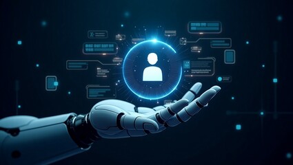 Hands of robots touch Customer service through chatbots, automated ticketing systems, self-service portals, live chat support,
 customer feedback analysis, AI-driven insights, personalized interaction