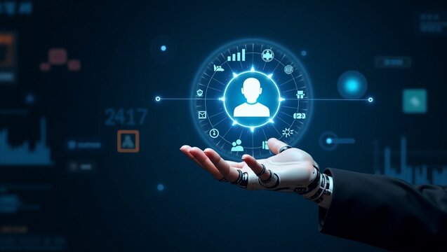Hands of robots touch Customer service through chatbots, automated ticketing systems, self-service portals, live chat support,
 customer feedback analysis, AI-driven insights, personalized interaction