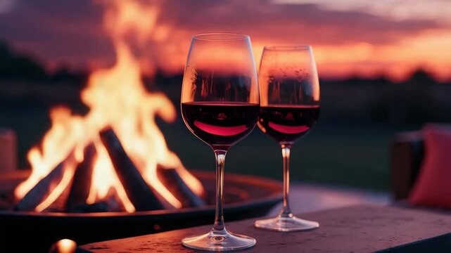 Two glasses of red wine beside a firepit after sunset