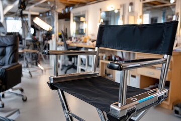 Fototapeta premium A stylish director’s chair in a modern film studio, capturing the essence of filmmaking, professionalism, and artistic vision in a well-equipped creative environment.