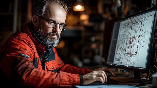Focused male engineer reviews architectural blueprints in a workshop.