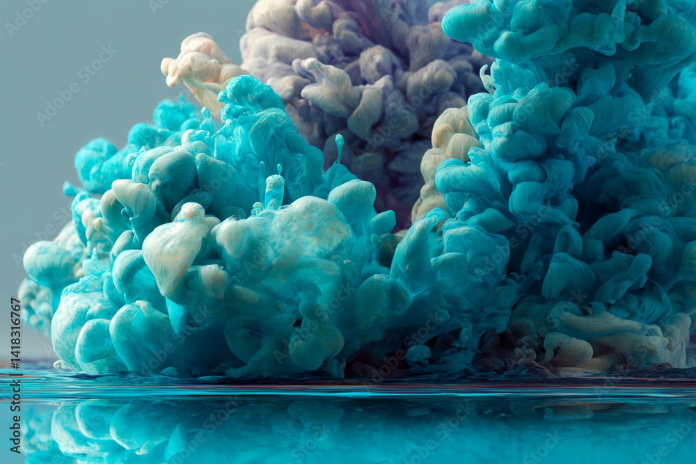 Poster Abstract image of teal and white ink swirling in water, creating a dynamic, textured cloud-like form with a reflective surface below, showcasing fluidity and movement